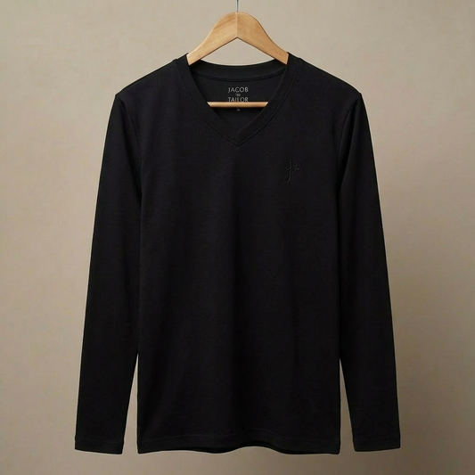 JACOB THE TAILOR - COOL FABRIC V NECK LONG SLEEVE T SHIRT - BLACK
