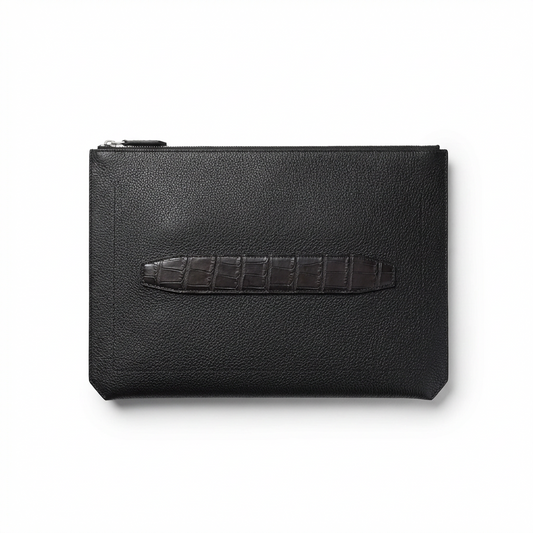 PEBBLED CALF SKIN WITH CROCO HANDLE - BLACK LAPTOP BAG