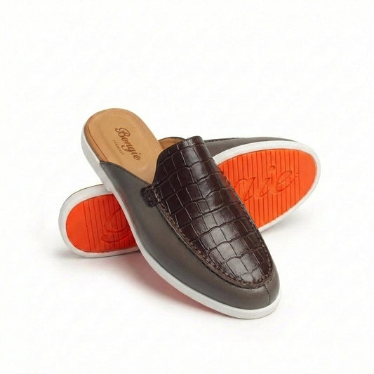 BOUGIES SLIPPER - LIGHT BEIGE CALF SKIN ON DARK BROWN CROCO EMBOSSED
