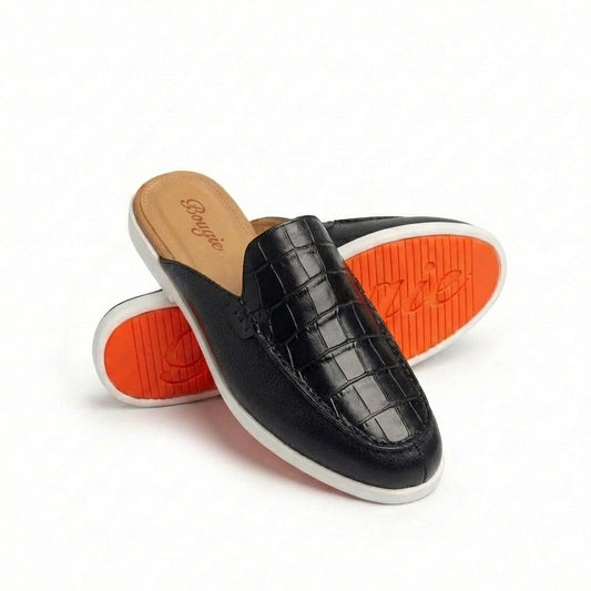 BOUGIES SLIPPERS – THREE PANEL PEBBLED BLACK ON BLACK CROCO EMBOSSED