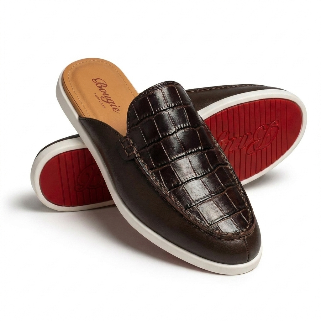 BOUGIES SLIPPER THREE PANEL MONACO BROWN EMBOSSED CROCO ON  MONACO BROWN CALF SKIN
