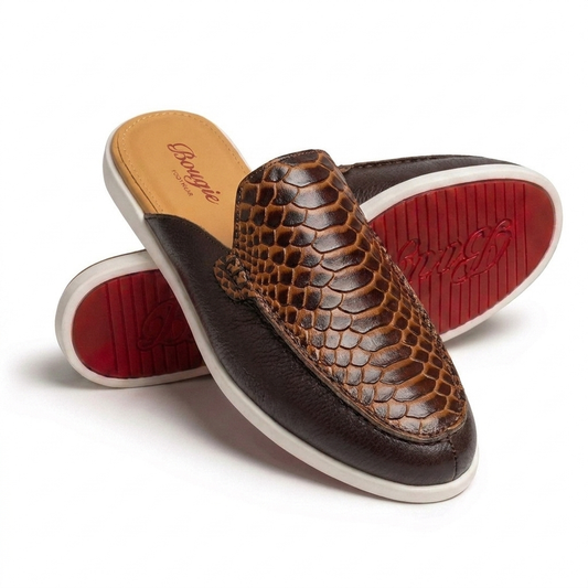 BOUGIES SLIPPER THREE PANEL DARK BROWN PYTHON EMBOSSED ON DARK BROWN CALF SKIN