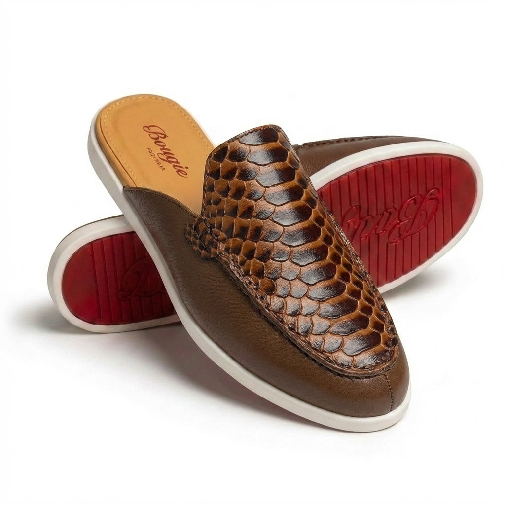 BOUGIES SLIPPER THREE PANEL DARK BROWN PYTHON EMBOSSED ON LIGHT BROWN CALF SKIN