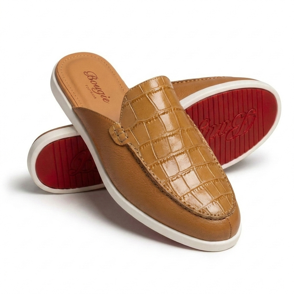 BOUGIES SLIPPER THREE PANEL LIGHT BEIGE CROCO EMBOSSED ON LIGHT BROWN CALF SKIN