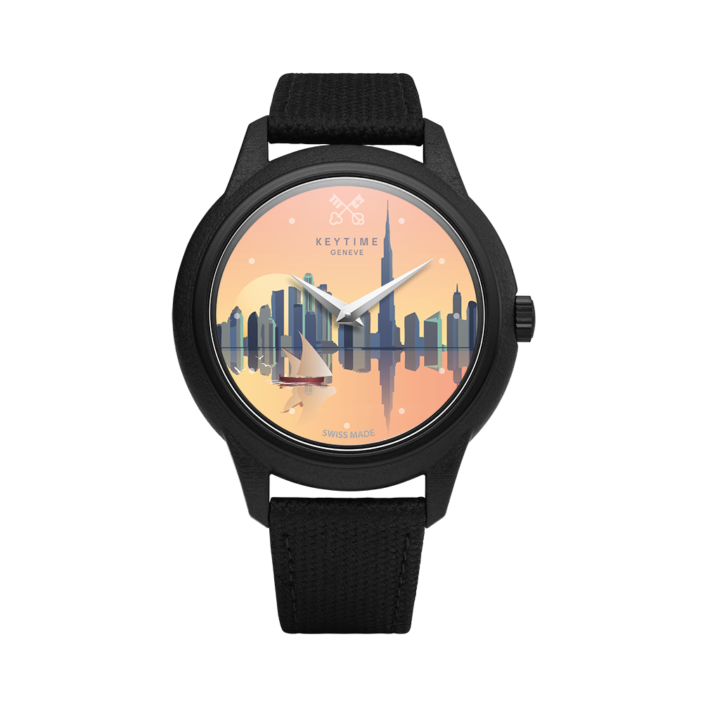 KeyTime® Dubai Reflections watch with Dubai skyline and sailing boat dial, front view