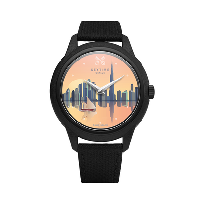 KeyTime® Dubai Reflections watch with Dubai skyline and sailing boat dial, front view