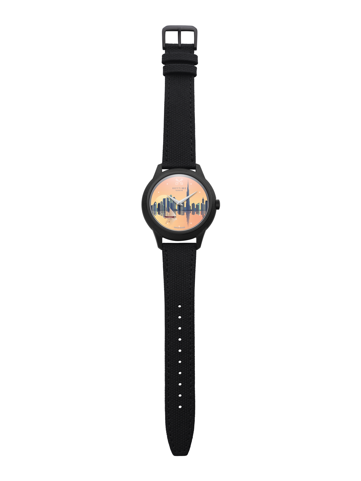 KeyTime® Dubai Reflections watch with black strap, full-length front view