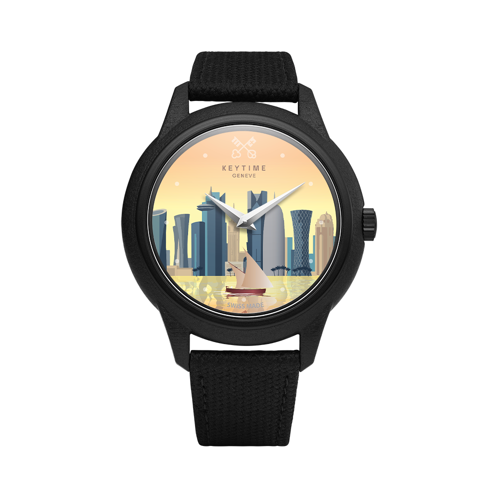 KeyTime® Doha by the Bay watch with Doha skyline and traditional dhow dial, front view