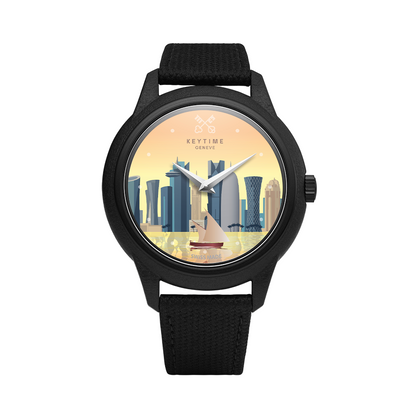 KeyTime® Doha by the Bay watch with Doha skyline and traditional dhow dial, front view