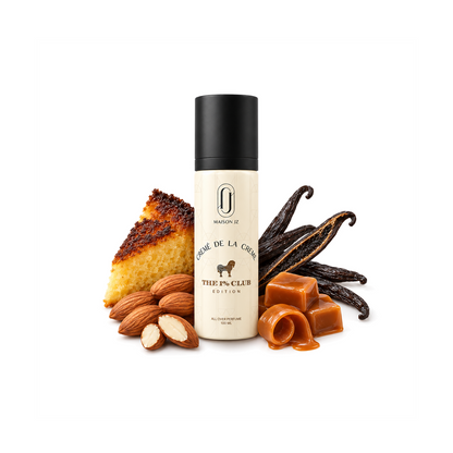 Maison JZ Crème de la Crème All Over Perfume 100 ml with almond, vanilla, caramel and burnt cake notes on a white background, matching the Sugar Daddy ingredient image layout